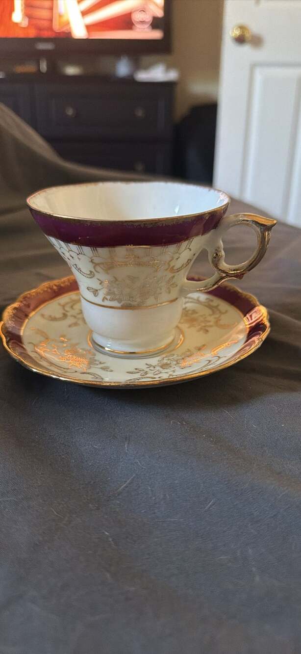 Vintage Japanese Porcelain Tea Cup and Saucer Burgundy and Gold Floral Scroll Pe
